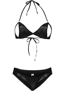 2-tlg BH-Ouvert + Slip Gr. 32/34 Schwarz Dessous Erotik Wäsche-Set Wet-Look Neu - Bild 1 von 1