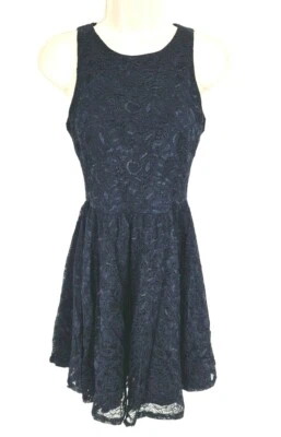 Vestido Soprano Azul Marino Floral Encaje Mini Calce y Acampanado Cuello Redondo Sin Mangas para Mujer S Foto 1 de 4
