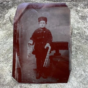 ORIGINAL Antique Tin Type Of Young Boy Holding Candy Canes - Neat - Picture 1 of 4