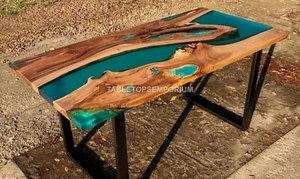 Green Resin Dining Table Acacia Wooden Unique Transparent Epoxy River Resin Deco - Picture 1 of 9