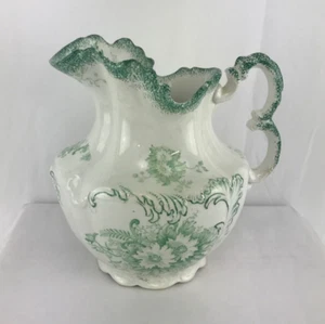 ANTIQUE GREEN FLORAL TRILBY WOOD & SON PITCHER ENGLAND - Picture 1 of 12