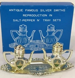 Vintage OLYMPIA WA Antik Berühmt Silber Schmiede Salz Pfeffer Tablett Set & Box JAPAN - Bild 1 von 12