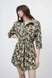 Zara Green Camouflage Camo Print 3/4 Sleeve Belted Mini Shirt Dress Size M VGC - Picture 1 of 6