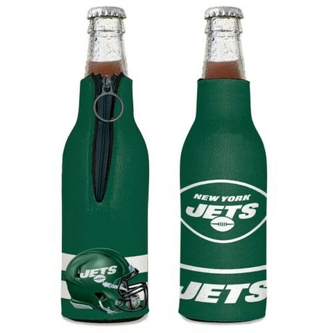New York Jets Bottle Cooler 12 oz Zip Up Koozie Jacket NFL Two Sided Cover