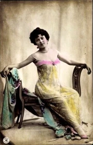 c.1908 Victorian Woman in Yellow Dress Sitting in an Armchair, Hand Tinted; NM - Picture 1 of 2