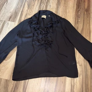 Ellie Tahari Size Medium Long Sleeve Black Ruffled Neck Blouse - Picture 1 of 4