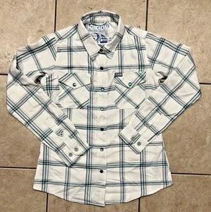 Dixxon Flannel Shirt Womens S White Blue Plaid Pearl Snap Whistler Chola Biker - Picture 1 of 9