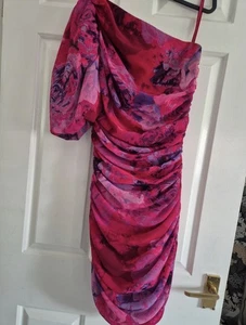Chi Chi London Watercolour Puff Sleeve One Shoulder Dress Size 8 - Picture 1 of 11
