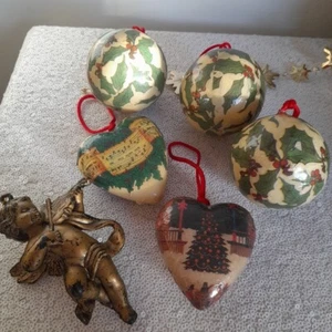 Vintage Christmas Tree Decorations decoupage heart baubles cherub shabby cottage - Picture 1 of 11