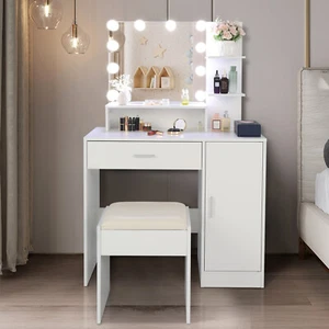 Large Makeup Vanity Set with Lights Cushioned Stool Storage Shelves Drawer - Picture 1 of 10