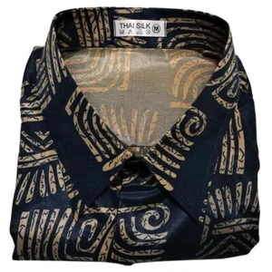 Mens Patterned Shirt Thai Silk Hawaiian Khaki Spiral Aloha Short Sleeve Casual M - Picture 1 of 3
