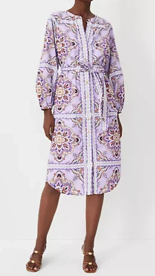 NEW ANN TAYLOR LAVENDER LATTE PETITE SPLIT NECK BELTED FLARE DRESS SZ 6P - Изображение 1 из 4