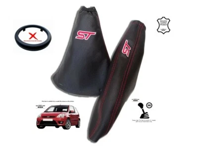THE TUNING-SHOP Gaiter Freno a Mano Ingranaggio per Ford Fiesta MK5 02-08 Pelle "ST" Ricamo Rosso