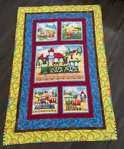 Project Linus Handmade Patchwork Quilt Blanket 58x39" "Colorful Bright Trains" - Picture 1 of 9