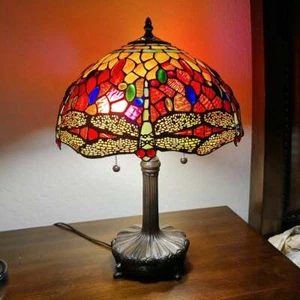 Tiffany Style Handcrafted Stained Glass Red Dragonfly Table Lamp Accent Reading - Picture 1 of 5