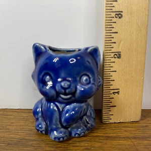VINTAGE POTTERY Small BLUE CAT KITTEN MATCH TOOTHPICK HOLDER - Picture 1 of 9