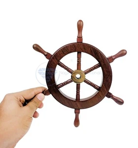 Set of 2 Mini Wooden Vintage Brass Nautical Marine Ship Wheel Captain Pirate 6" - Picture 1 of 5