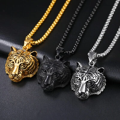 Herren Halskette Edelstahl Rock Tiger Kopf Anhänger mit 60cm Kette Silber / Gold - Bild 1 von 4