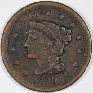 1855 Braided Hair Large Cent | Extra Fine | Upright "5" Variety | Free Shipping - Picture 1 of 4