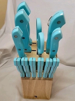 Conjunto de 14 blocos de facas imagem mais nítida madeira aço inoxidável turquesa  - Imagem 1 de 4