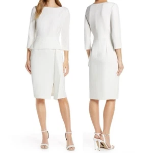 VINCE CAMUTO White Peplum Three Quarter Sleeve Knee Length Ponte Knit Dress 8 - Picture 1 of 5