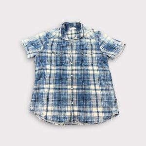 EXPRESS Western Pearl Snap Plaid Shirt Men LARGE Blue Short Sleeve Cotton R23