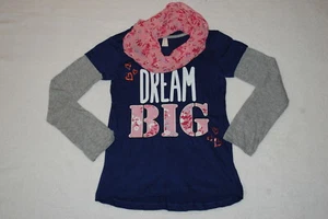 Girls L/S Tee Shirt NAVY BUE & GRAY Layer Look DREAM BIG Infinity Scarf XL 14-16 - Picture 1 of 1