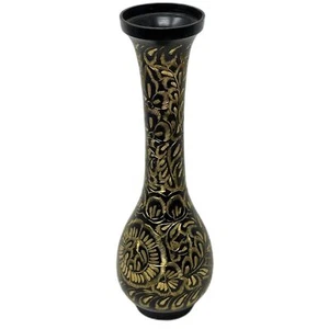Vintage Brass Black & Gold Vase Etched Design MCM Mid Century Modern India 8" - Picture 1 of 9