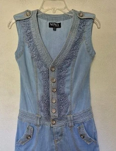 XOXO Women’s Denim Halter Romper Size 0 Button Down Lace Details Bodice Pockets - Picture 1 of 8