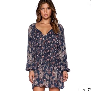 Free People Dress Lucky Loosie Tunic Floral Blue Swing Babydoll Mini Medium Boho - Picture 1 of 6