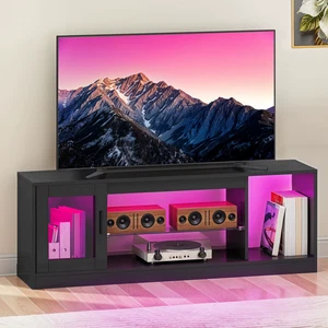 65 Inch TV Stand - Modern Cabinet with Open Glass Shelves for Living Room, Gamin - Picture 1 of 11