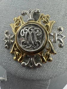 Vintage Anne Klein AK Brooch Pin Silver Gold Tone Monogram Crest Logo Ornate 80s - Picture 1 of 9