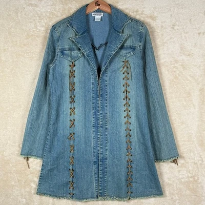 Abrigo de vestir vaquero Jeanology Newport News talla 8 con cordones dobladillo deshilachado único Foto 1 de 4