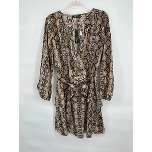 August Snake Print Mini Dress Long Sleeve V-Neck Tie Waist Women's XL - Picture 1 of 13
