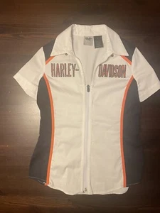Vintage Racing Spandex Shirt Women’s Small Harley Davidson Fitted Black White - Picture 1 of 3