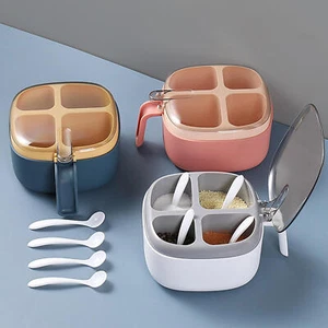 Seasoning Box Kitchen Pots Tool With Spoons 4-Cell Container Condiment Jars New - Picture 1 of 15