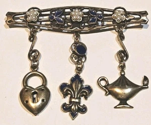 Vintage Antique Gold Tone Brooch Pin With Dangling Charms 2.5 In Fluer De Lis - Picture 1 of 2