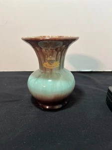 BAY KERAMIK Glazed Vase Vintage Brown Teal Gold Foil Sticker 4-in Germany 1960s - Picture 1 of 6