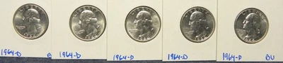 1964-D WASHINGTON SILVER QUARTERS 90% SILVER LOT OF 5-90% SILVER BU COINS - Image 1 of 4