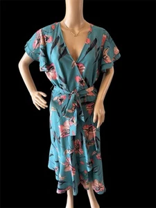 A New Day Sheath Dress Women XL Aqua Floral Chiffon Short Sleeve Belted - Picture 1 of 9