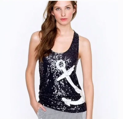 J. CREW Sequin Anchor Tank Top in Size Medium Navy Blue and White - Image 1 of 4
