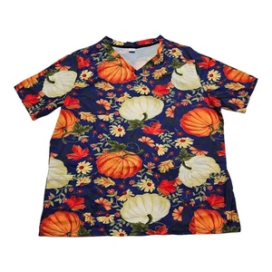 Thanksgiving Med Scrub Top 3XL Colorful Pumpkins Fall Leaves Floral Unbranded - Picture 1 of 4
