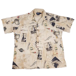 Polo Ralph Lauren Camp Shirt Fishing Print Large Beige Coastal Grandpa Summer - Picture 1 of 12