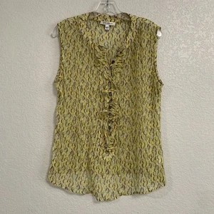 St John Blouse Top Womens 12 Silk Sleeveless Printed Ruffle Pin Tuck Sheer - Picture 1 of 13