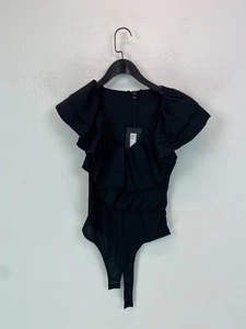 River Island Black Ruffle V Neck Bodysuit Sleeveless Stretch Ribbed UK10 NEW - Picture 1 of 6