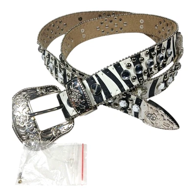 Cinturón para mujer BHW negro blanco cebra estrás cruces hebilla brillante XL 38-40 Foto 1 de 4
