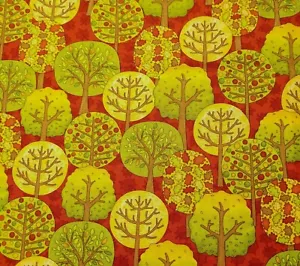 1 yd 10" Fall Fun Wilmington Prints Yellow Green Brown Orange Trees on Red - Picture 1 of 2