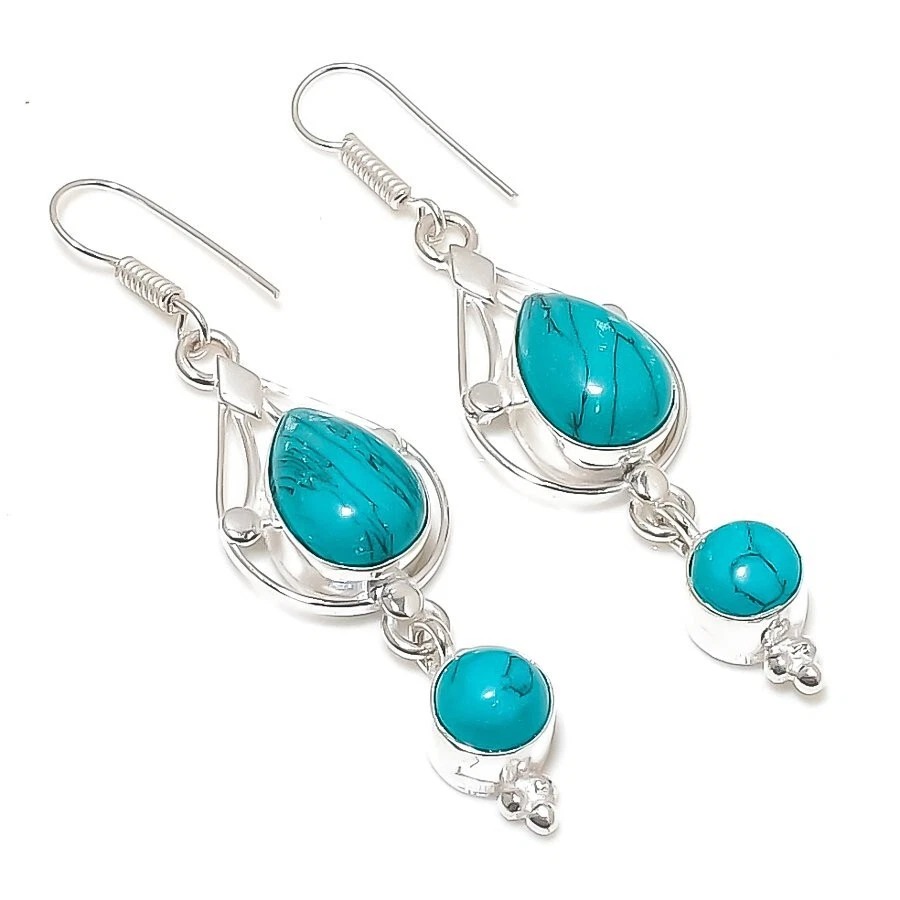 Turquoise Gemstone Handmade 925 Sterling Silver Jewelry Earring Size 2.2" - Image 1 of 1