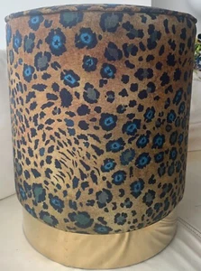 Blue and Brown Animal Print Ottoman with Gold Brass Base, linen fabric - Picture 1 of 9