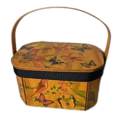 Vtg Wooden Box Purse Decoupage Birds Butterflies Bent Wood Handle Lined 1970s - Image 1 of 4